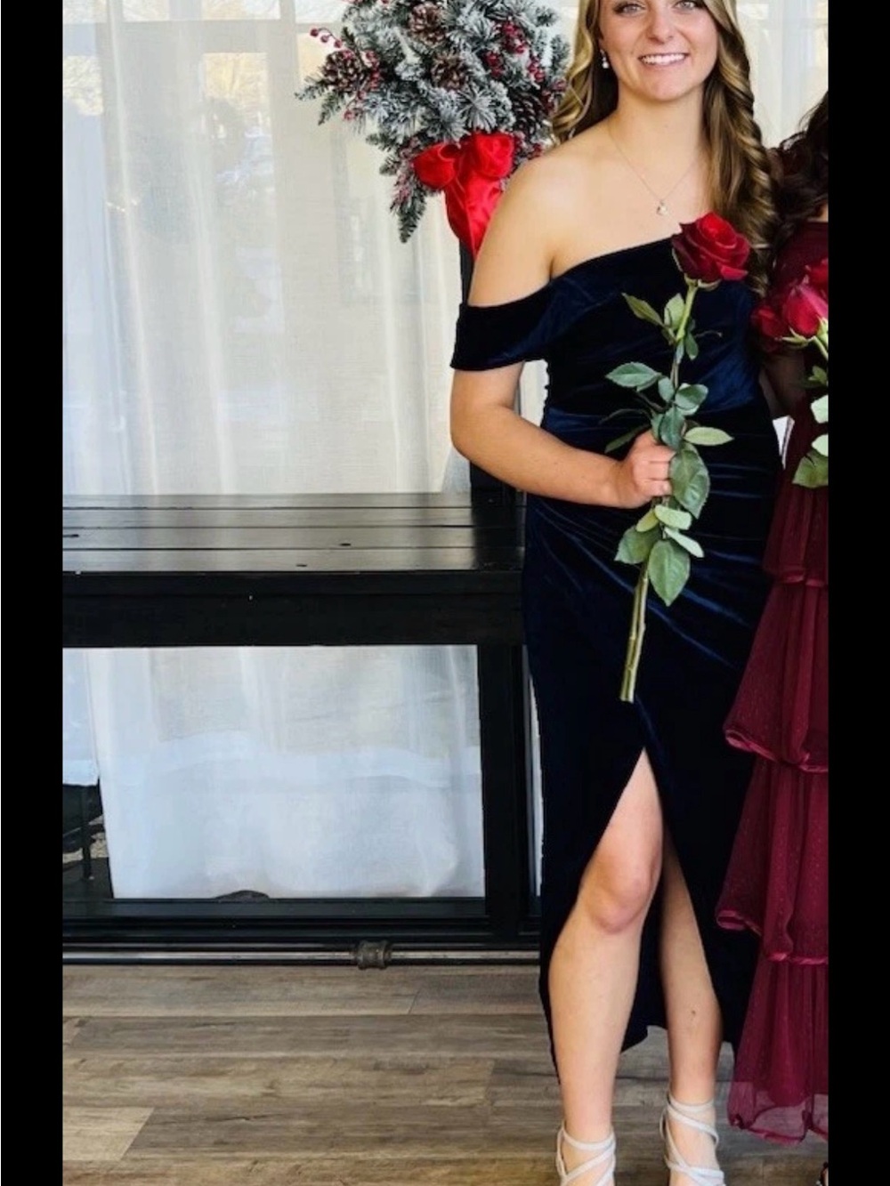 Lulu's Off-Shoulder Navy Velvet Midi Dress with Front Slit